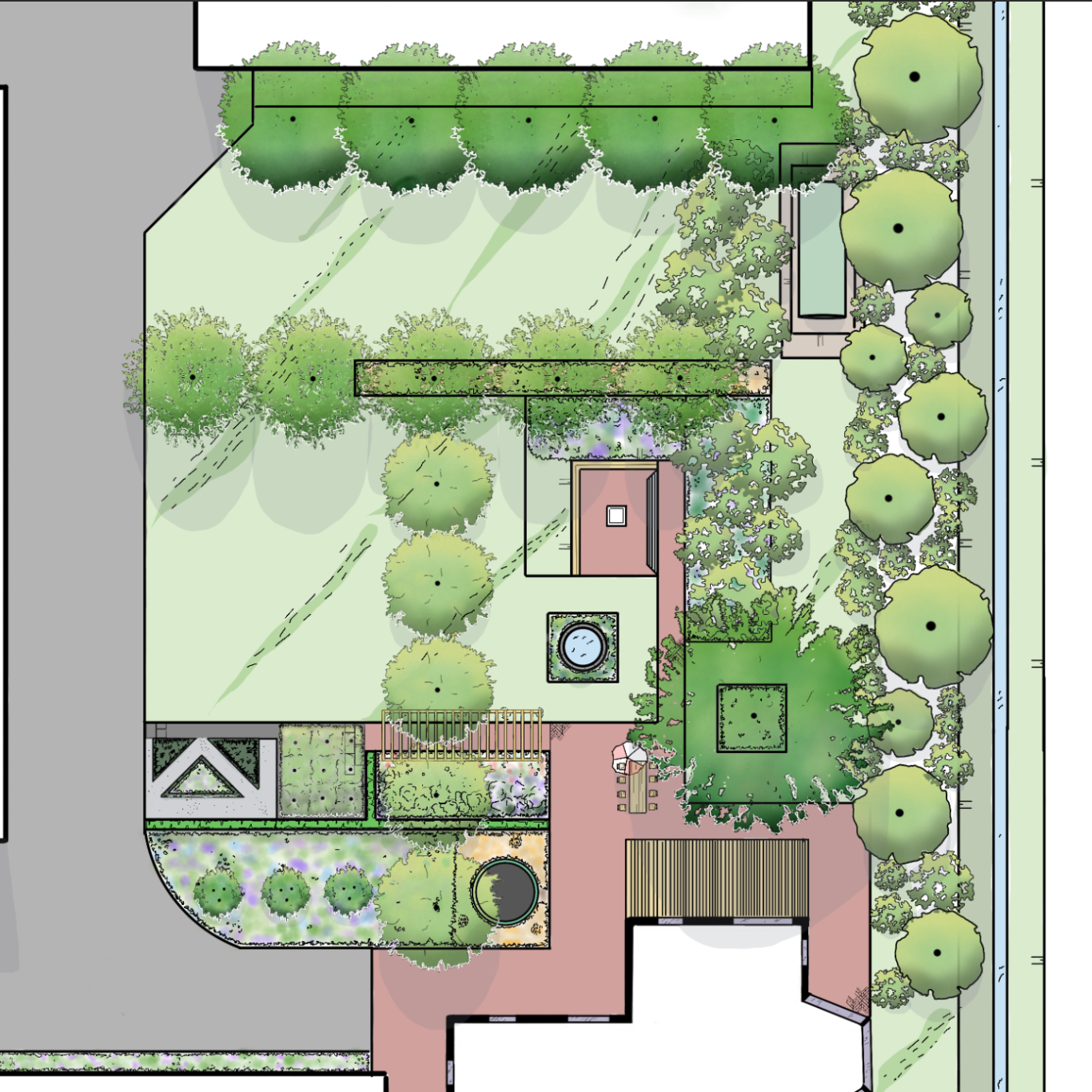 Het ecologisch tuinontwerp voor een boerenerf in Noord-Holland voor meer natuur op het erf. De bomen geven schaduw en de borders geven bloei