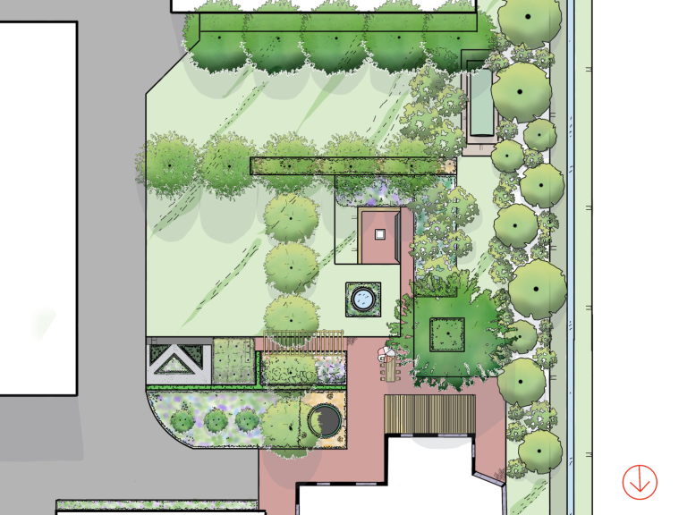 Ecologisch tuinontwerp van een bijvriendelijk boerenerf. Met veel bloeiende vaste planten en inheemse bloemen die voor meer natuur zorgen.