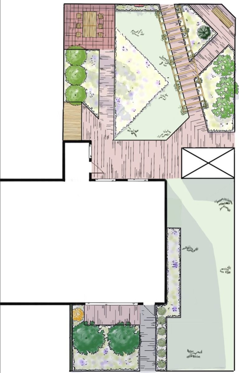 Een kleine ecologische tuin met kleurrijke borders, zoemende bijen en fladderende vlinders.