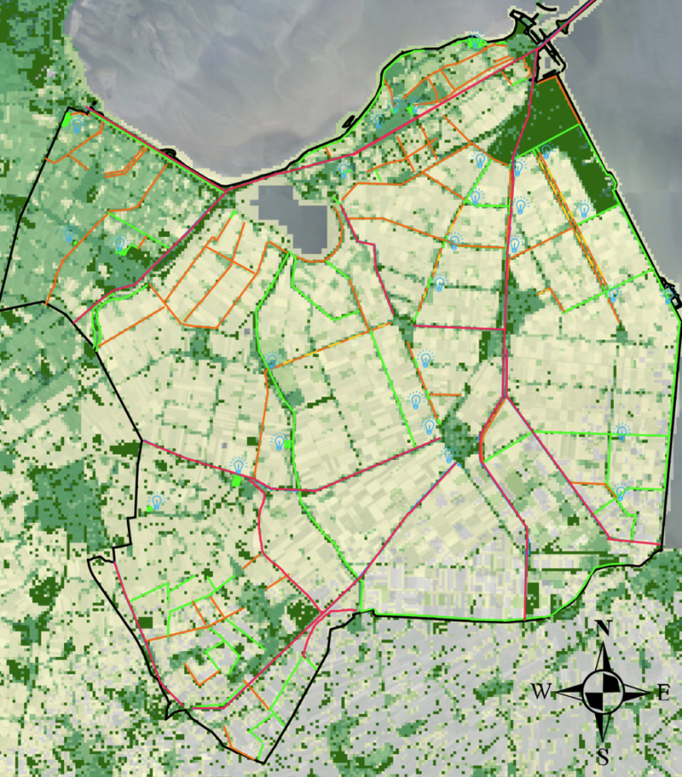 Deze landschapsanalyse / landschapsplan verbindt bijvriendelijke gebieden aan elkaar met ecologisch beheerde wegbermen.