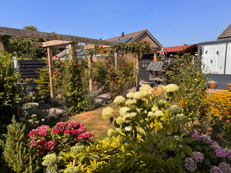 Kleine tuin met veel bloemen, rozen, bijen, vlinders, vogels, egels en andere natuur. Elke tuin kan bijdragen aan een fijne leefomgeving.