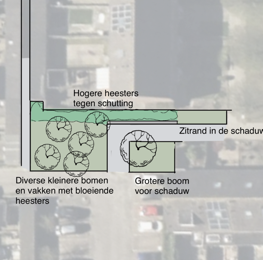 Een tuinschets van Beewilding is een eenvoudig, goedkoop en snel tuinontwerp dat helpt de grote lijnen van de tuin te bepalen. 