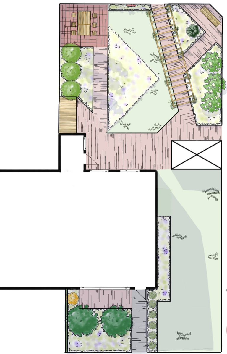 Een kleine ecologische tuin met kleurrijke borders, zoemende bijen en fladderende vlinders.